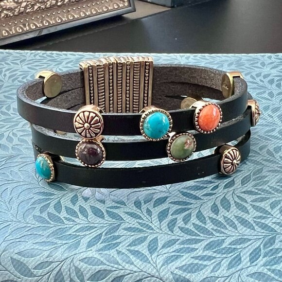 Studio Barse Jewelry - Barse Bronze Turquoise Semi-Precious Multi-Strand Black Leather BOHO Bracelet